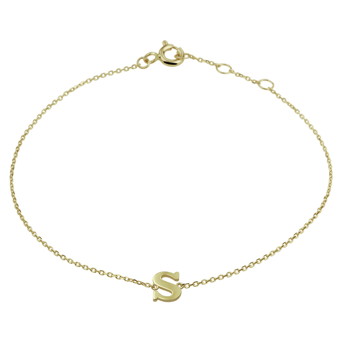 14k Geelgouden anker armband uitgevoerd met de letter S. De armband heeft draaglengtes van 16.5, 17.5 en 18.5cm. De letter heeft een afmeting van 6x5mm.