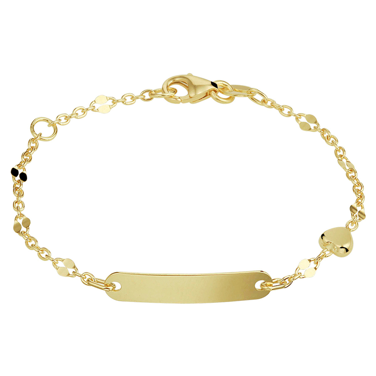 14k Geelgouden anker armband uitgevoerd met een graveerplaat van 4x20mm, een hart bedel en een stevige karabijn sluiting. De armband heeft een schakelbreedte van 2.5mm en draaglengtes van 11 en 13cm.