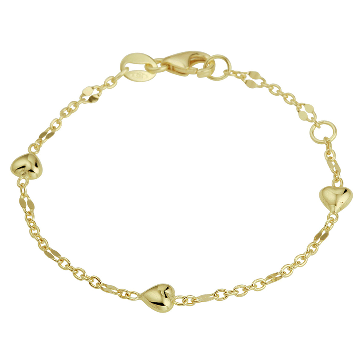 14k Geelgouden anker armband uitgevoerd met hartjes van 4.5x4mm. De armband heeft een karabijn sluiting en draaglengtes van 11 en 13cm.