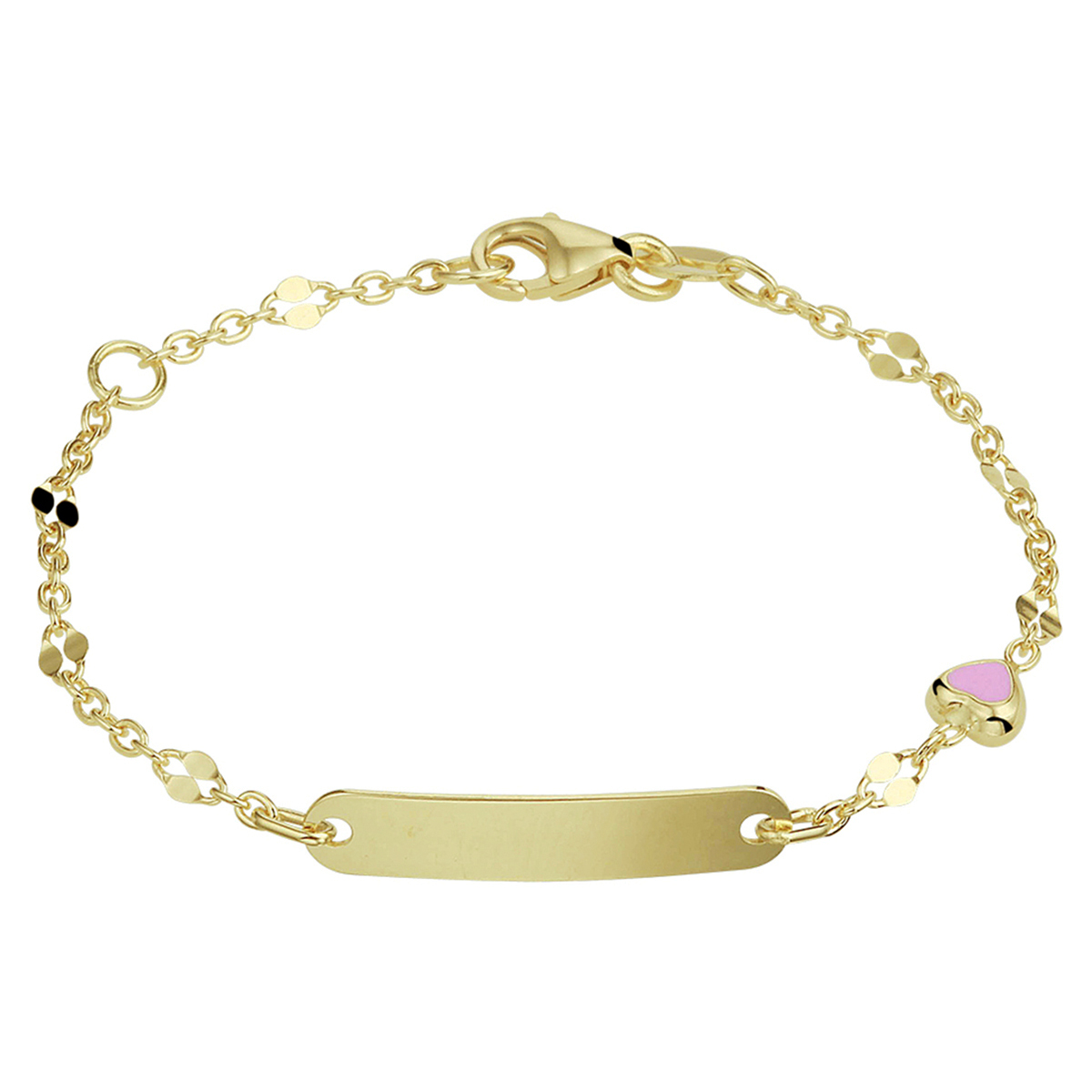 14k Geelgouden anker armband uitgevoerd met een graveerplaat van 4x20mm, een hart bedel met roze emaille en een stevige karabijn sluiting. De armband heeft een schakelbreedte van 2.5mm en draaglengtes van 11 en 13cm.