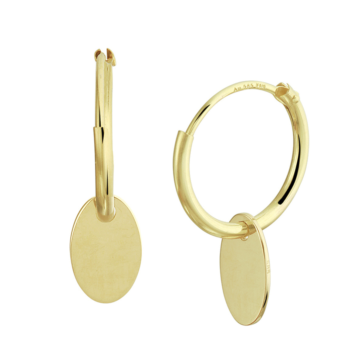 14k Geelgouden oorringen uitgevoerd met een ovale hanger. De oorringen hebben een diameter van 13mm. De hanger heeft een afmeting van 8x5mm.