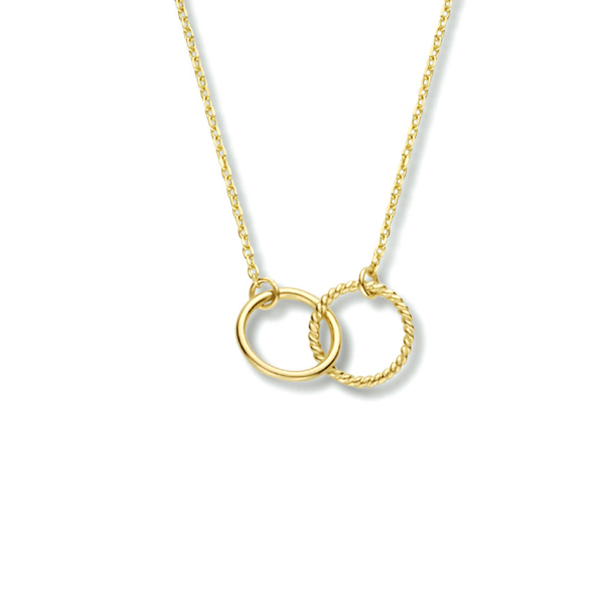 14k Geelgouden collier uitgevoerd met twee rondjes met een diameter van 7.5mm. Het collier heeft draaglengtes van 40, 42 en 44cm.