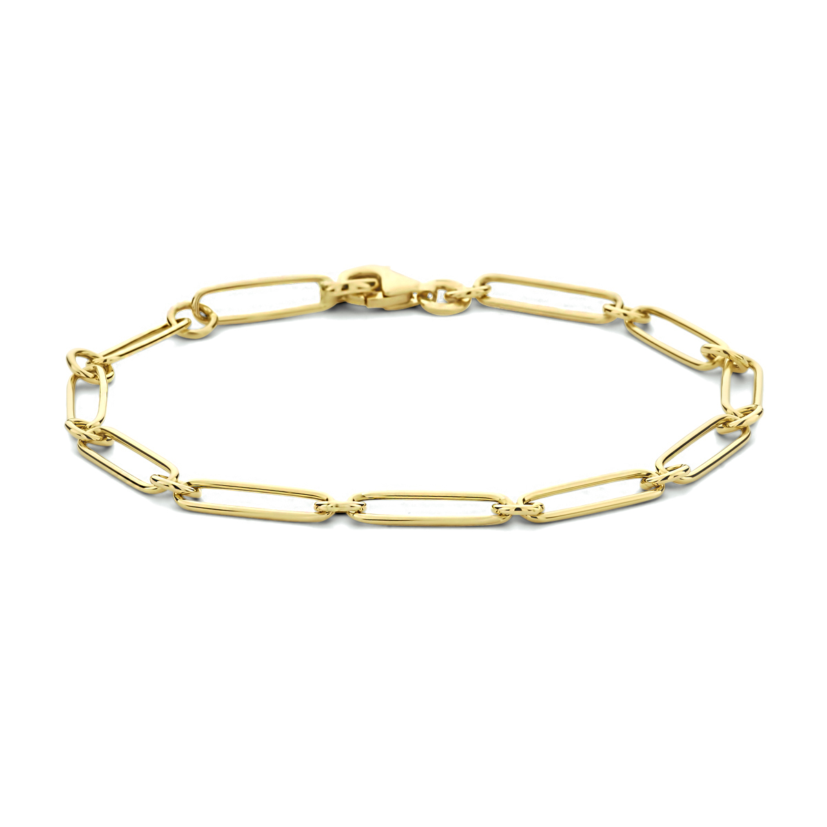 14k Geelgouden armband uitgevoerd met een paperclip schakel met een breedte van 4mm. De armband heeft een draaglengte van 19cm en een stevige karabijn sluiting.