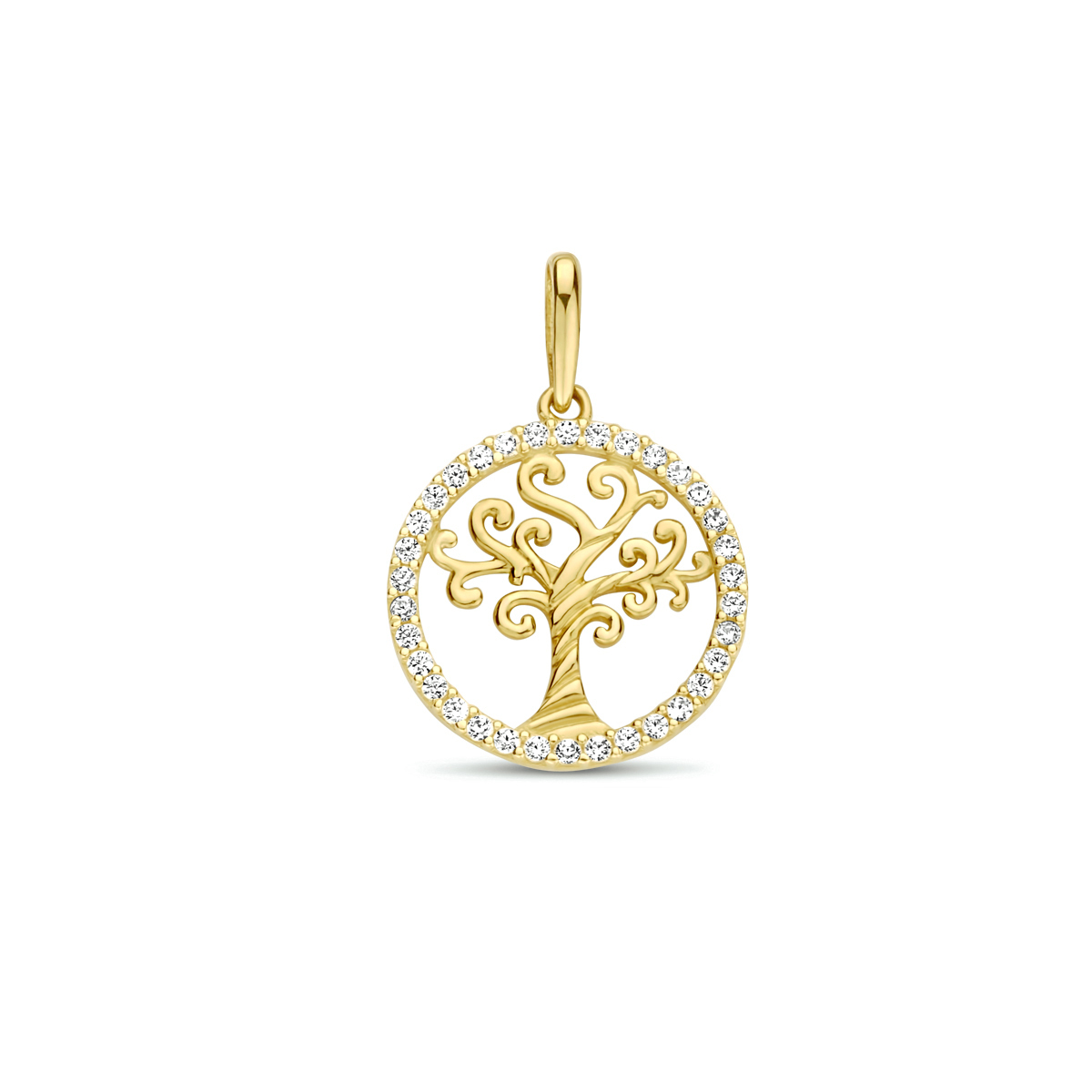 14k Geelgouden hanger uitgevoerd met een levensboom en een schitterende zirkonia rij. De hanger heeft een totale hoogte van 2cm en een diameter van 13.3mm.