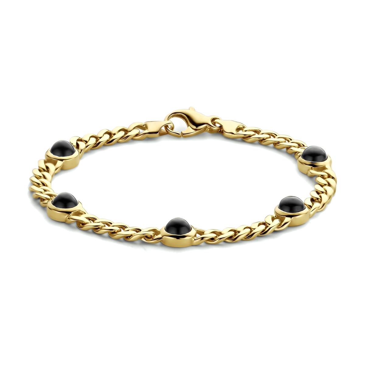 14k Geelgouden armband uitgevoerd met schitterend onyx en een stevige karabijn sluiting. De armband heeft een breedte van 7.5mm en een draaglengte van 19cm.