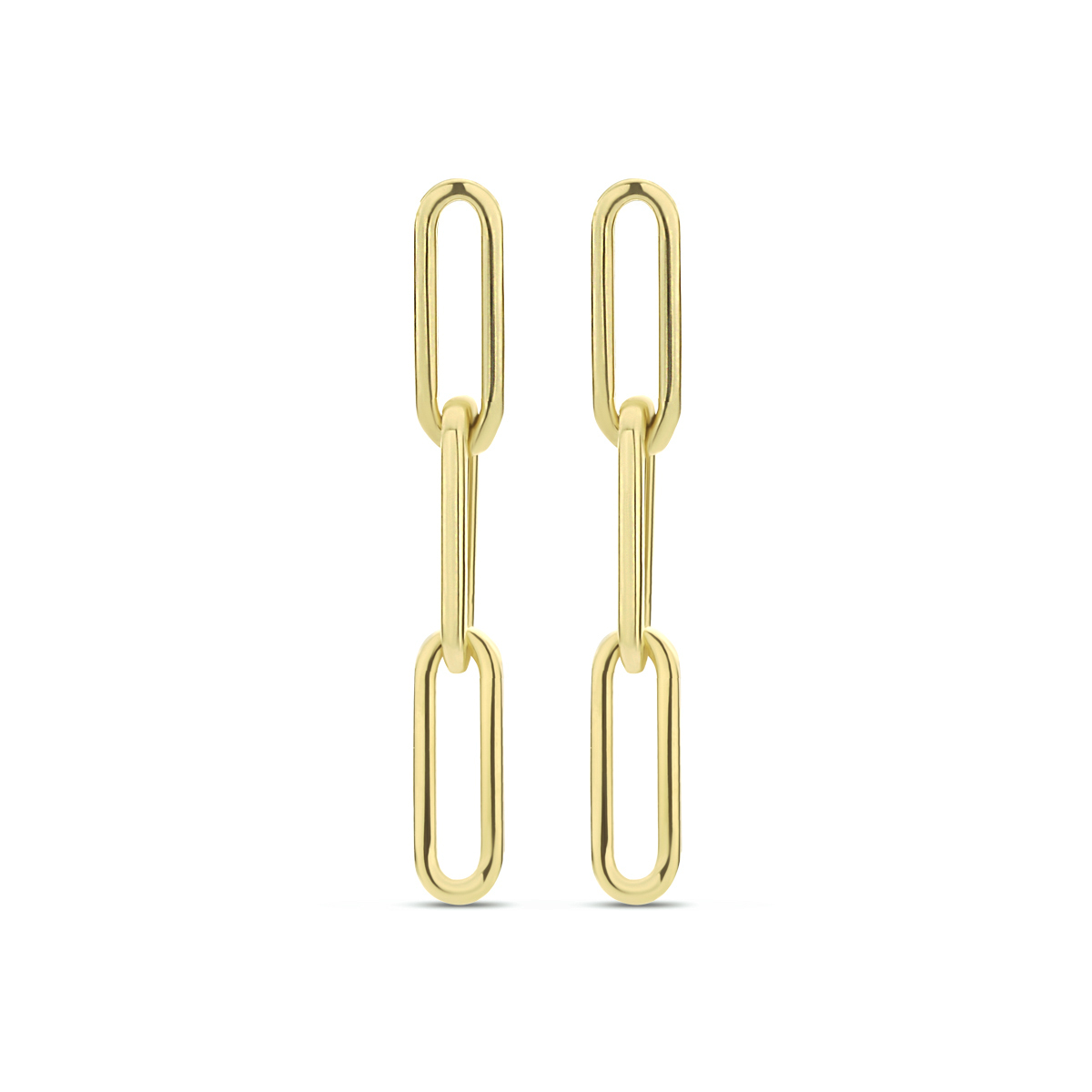 14k Geelgouden oorhangers uitgevoerd met een schakelmotief. De oorhangers hebben een afmeting van 20x3mm.