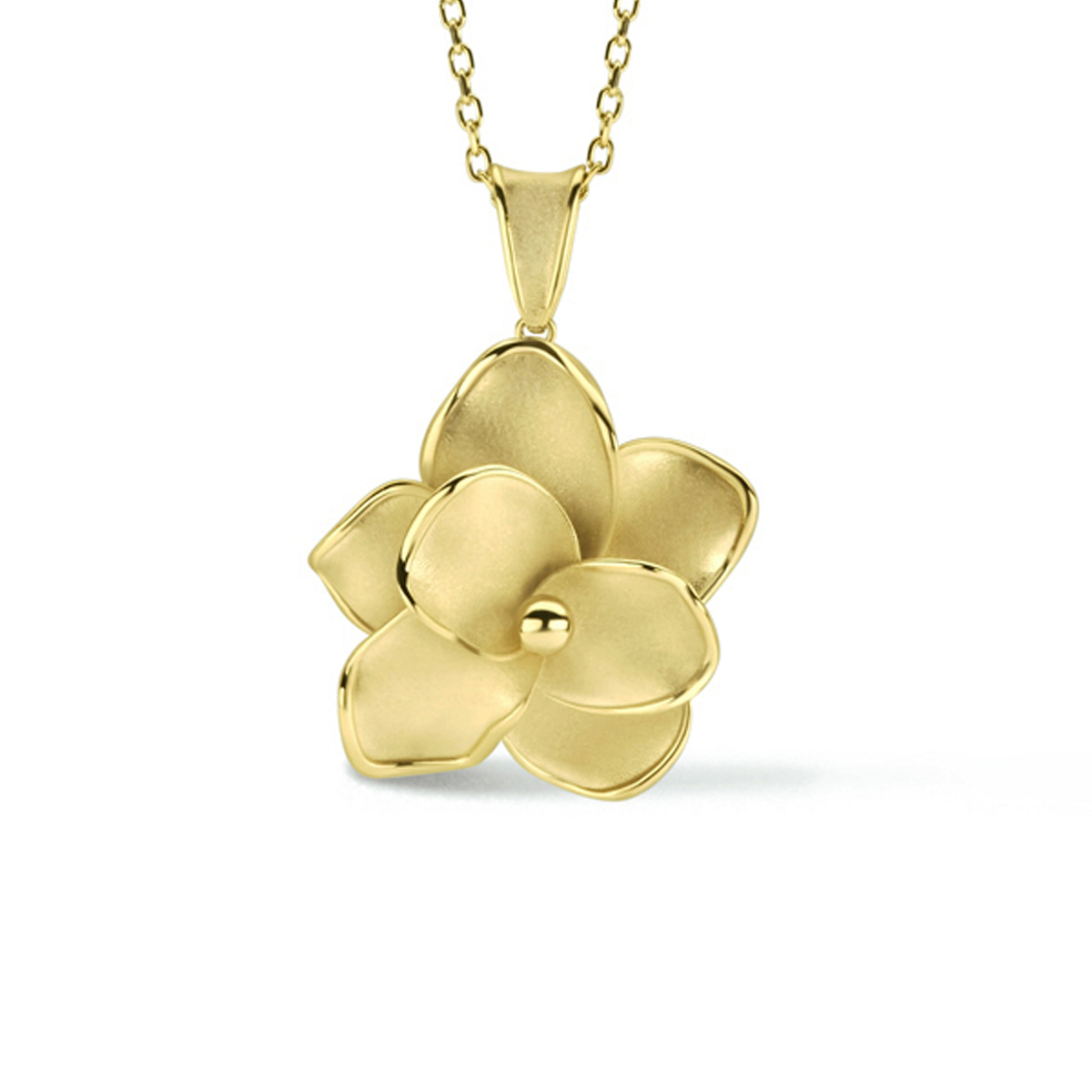 14k Geelgouden collier uitgevoerd met een hanger in de vorm van een bloem en een karabijn sluiting. Het collier heeft draaglengtes van 42 en 45cm.
