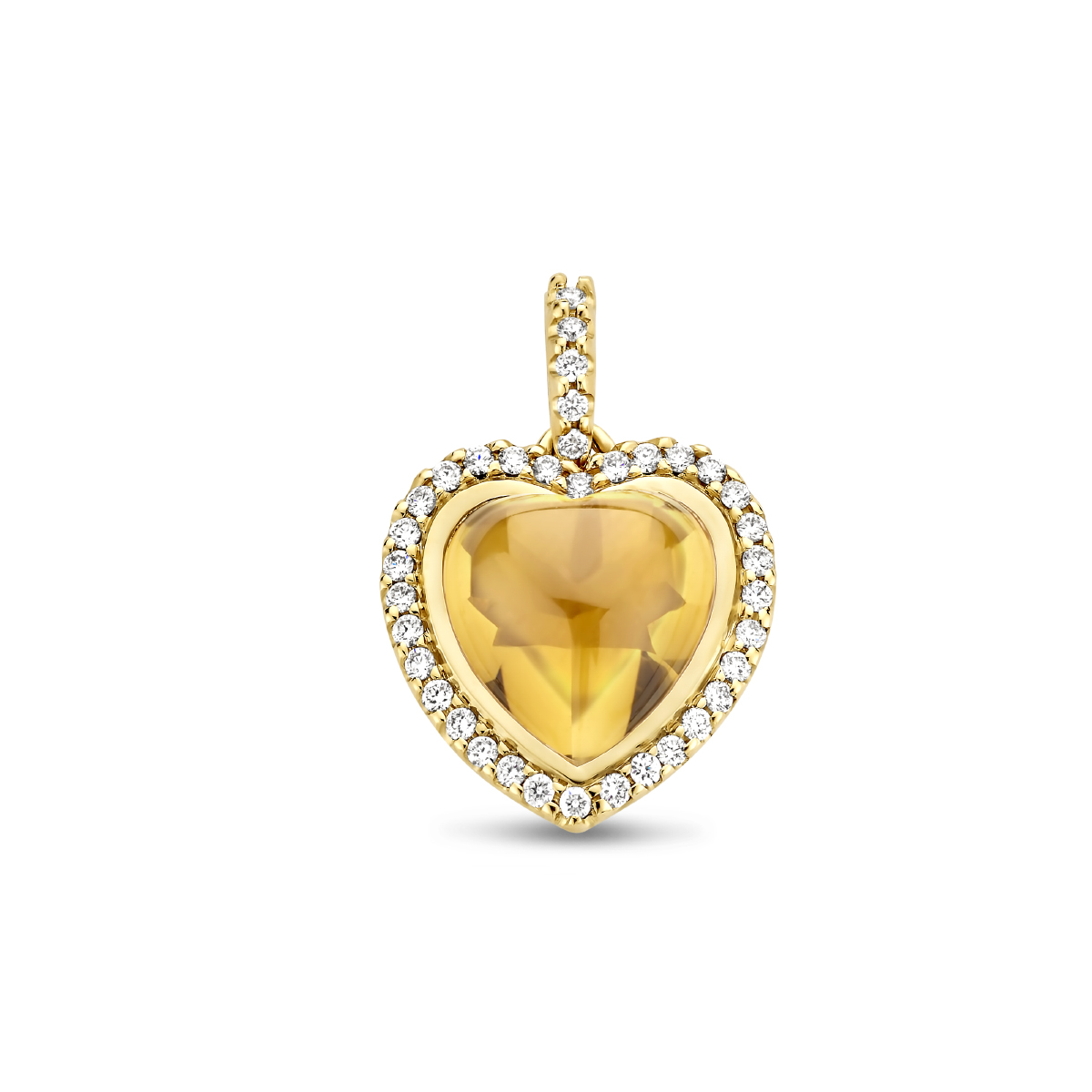 14k Geelgouden hanger in de vorm van hart met een schitterende diamant rij en een citrien. De hanger heeft een totale hoogte van 2.1cm.