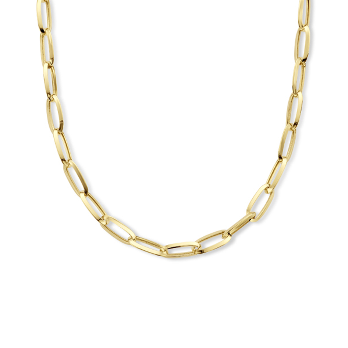 14k Geelgouden paperclip collier met een schakelbreedte van 6mm. Het collier heeft een draaglengte van 43cm. Uitgevoerd met een karabijn sluiting.