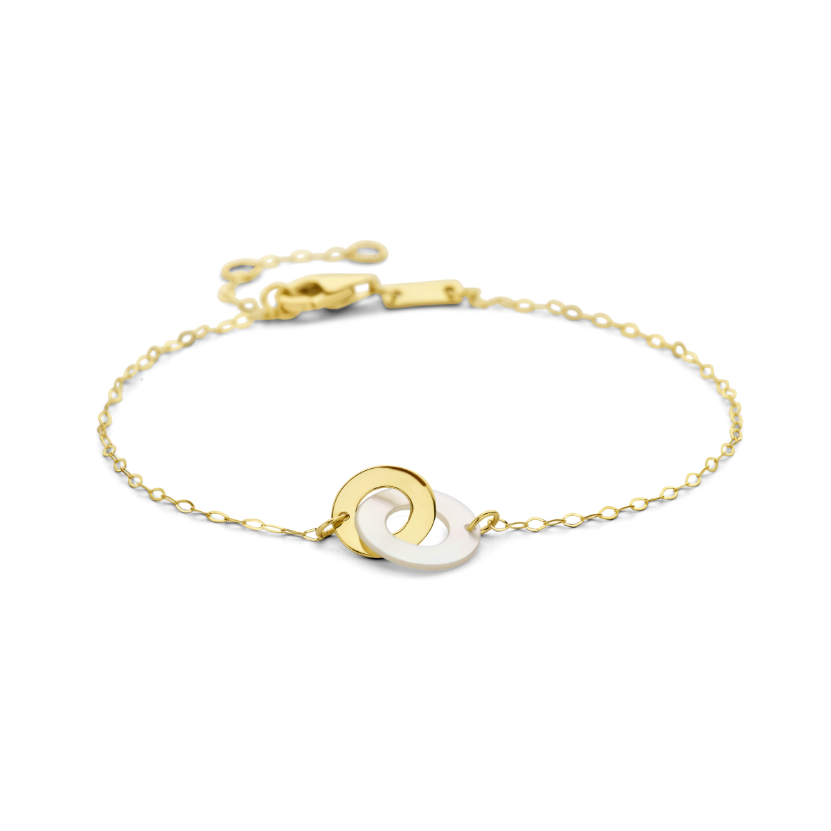 14k Geelgouden armband uitgevoerd met rondjes en parelmoer. De armband heeft draaglengtes van 16 - 17.5 en 19cm. Uitgevoerd met een karabijn sluiting. De armband heeft een schakelbreedte van 1.2mm.