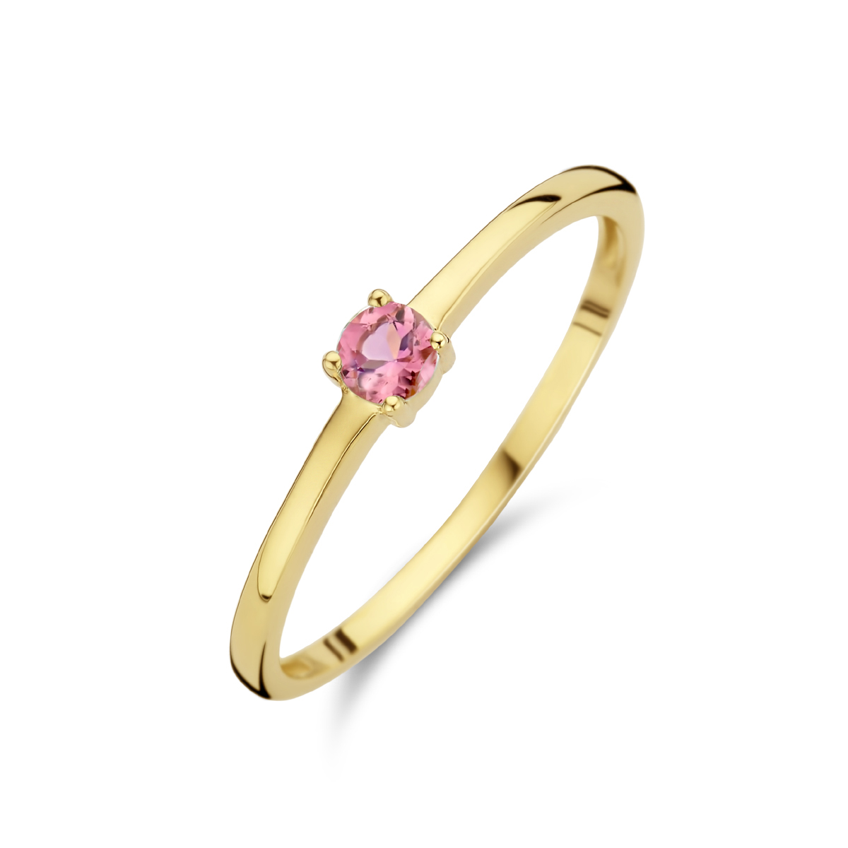 14k Geelgouden ring uitgevoerd met een schitterende roze toermalijn. De ring heeft een breedte van 3mm. De toermalijn heeft een steengewicht van 0.12ct.