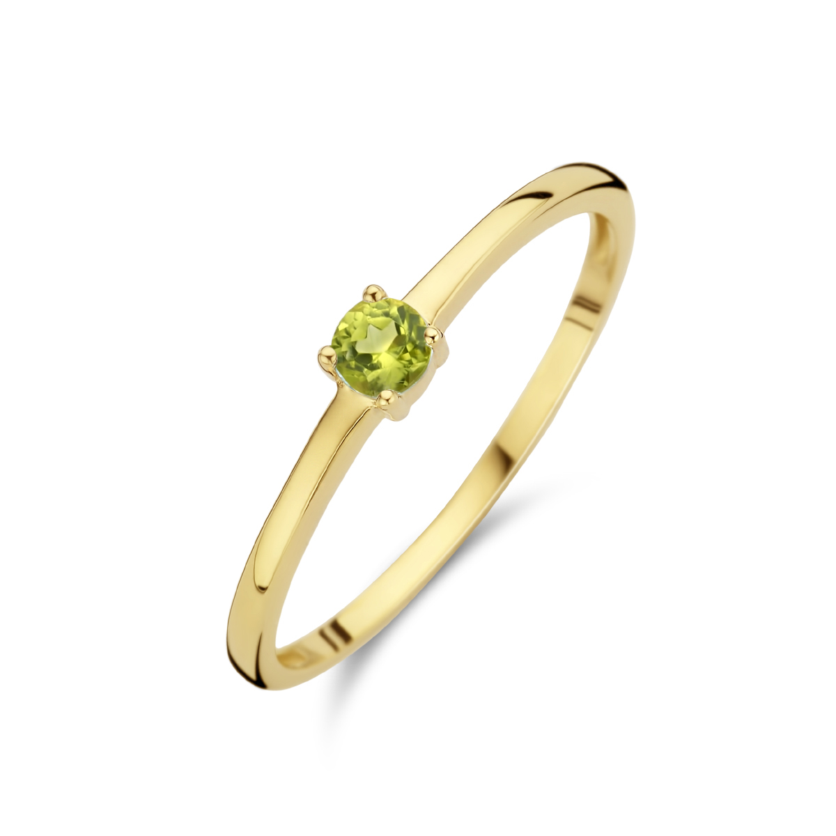 14k Geelgouden ring uitgevoerd met een schitterende peridot. De ring heeft een breedte van 3mm. De peridot heeft een steengewicht van 0.13ct.