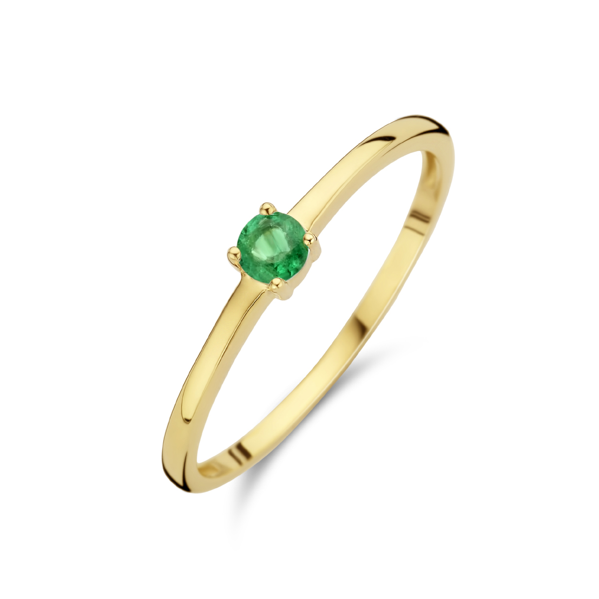 14k Geelgouden ring uitgevoerd met schitterende smaragd. De ring heeft een breedte van 3mm. De smaragd heeft een steengewicht van 0.13ct.