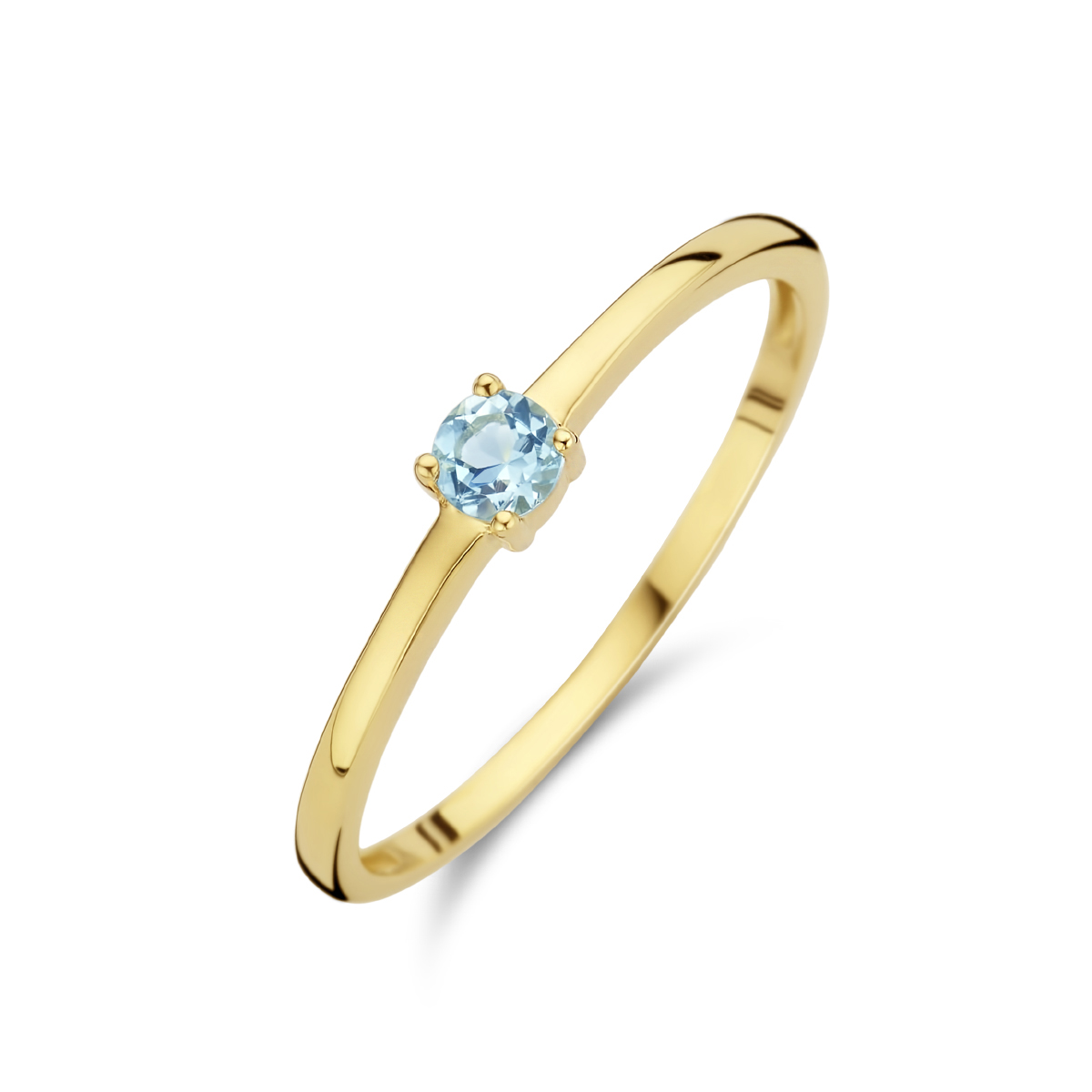14k Geelgouden ring uitgevoerd met een schitterende aquamarijn. De ring heeft een breedte van 3mm. De aquamarijn heeft een steengewicht van 0.12ct.