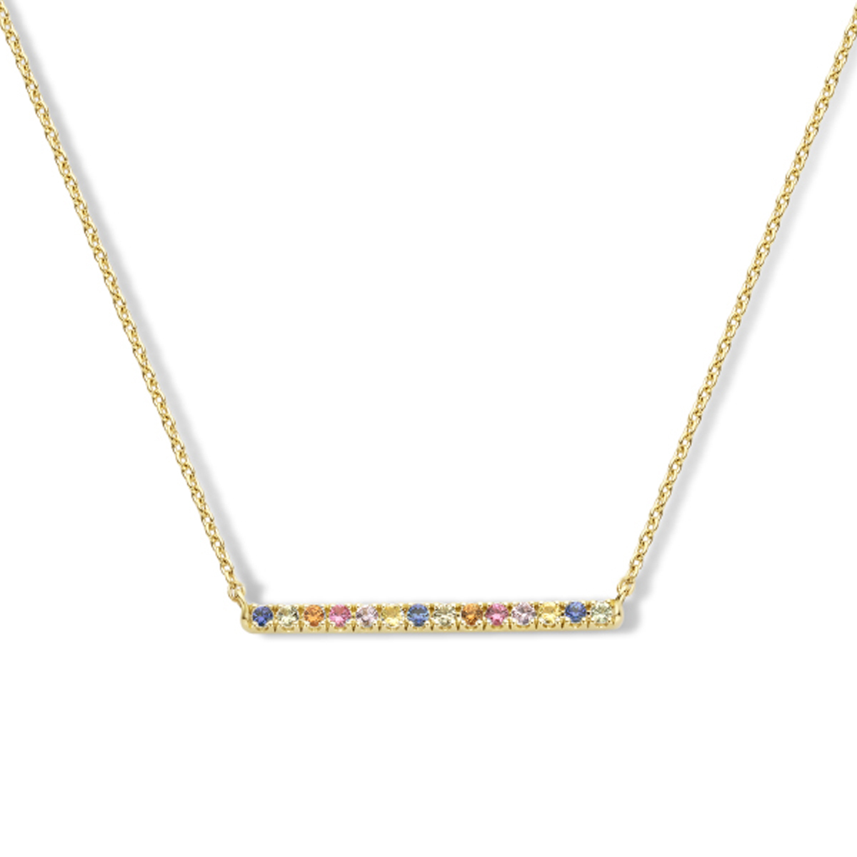 14k Geelgouden collier uitgevoerd met een schitterende regenboog saffier rij. Het collier heeft draaglengtes van 40, 42 en 44cm. De schakelbreedte is 1.0mm. De saffier stenen hebben een totaal steengewicht van 0.28ct.