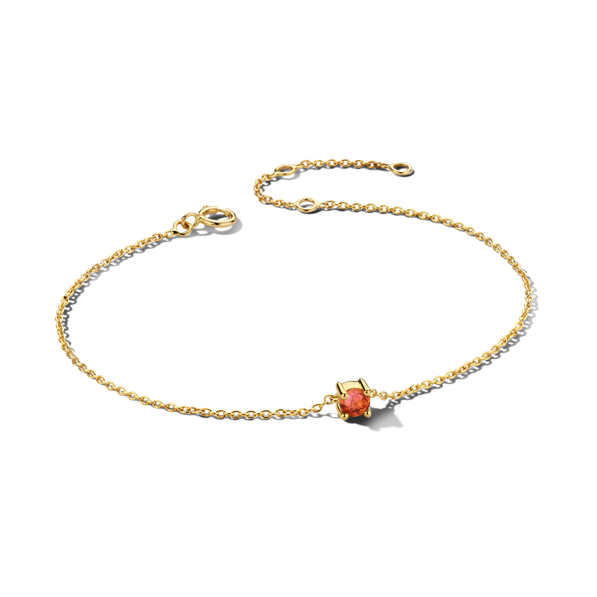 14k Geelgouden armband met een geboortesteen. De granaat heeft een steengewicht van 0.25ct. De armband heeft draaglengtes van 15.5, 17 en 18.5cm. De schakelbreedte is 1.0mm.