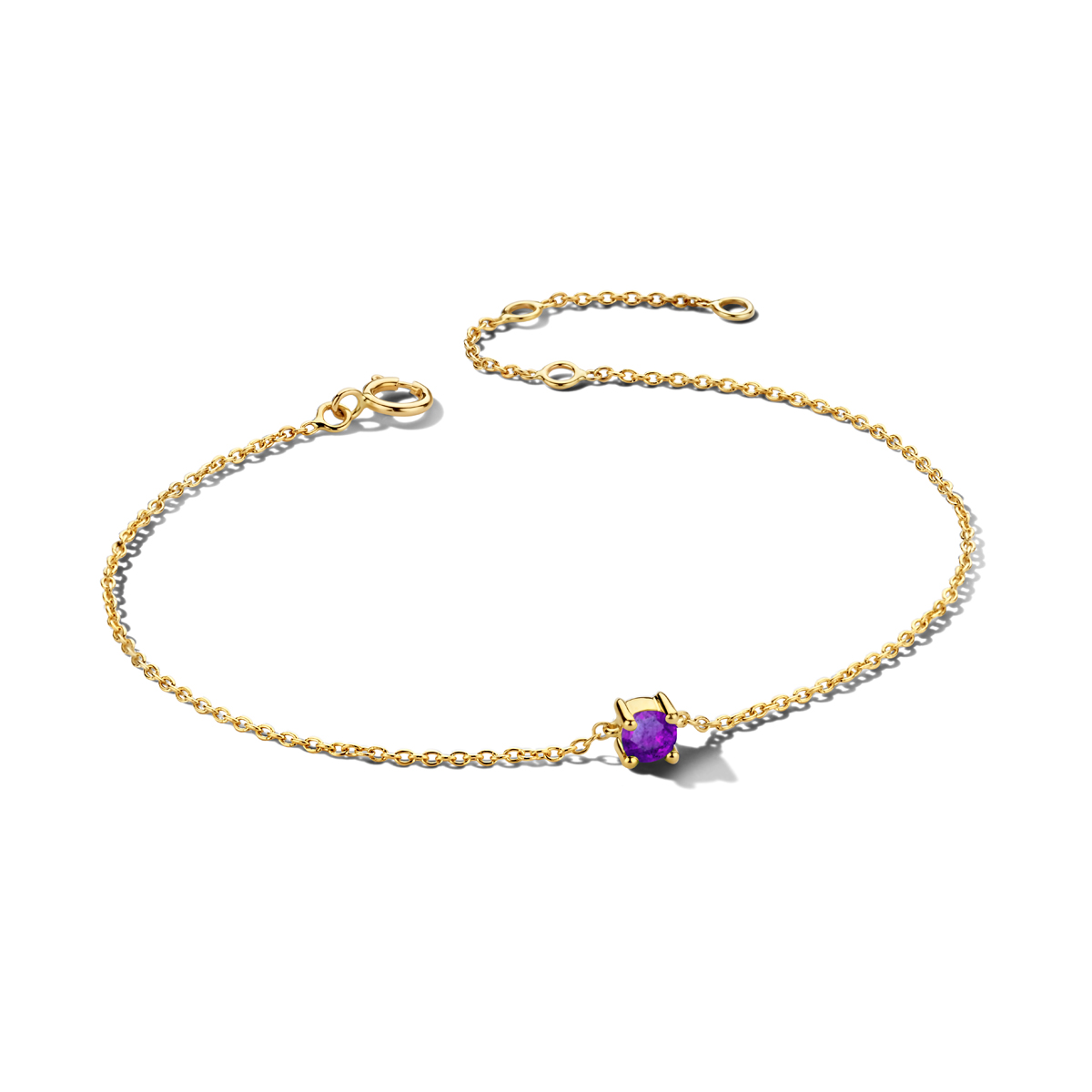 14k Geelgouden armband met een geboortesteen. De amethyst heeft een steengewicht van 0.16ct. De armband heeft draaglengtes van 15.5, 17 en 18.5cm. De schakelbreedte is 1.0mm.