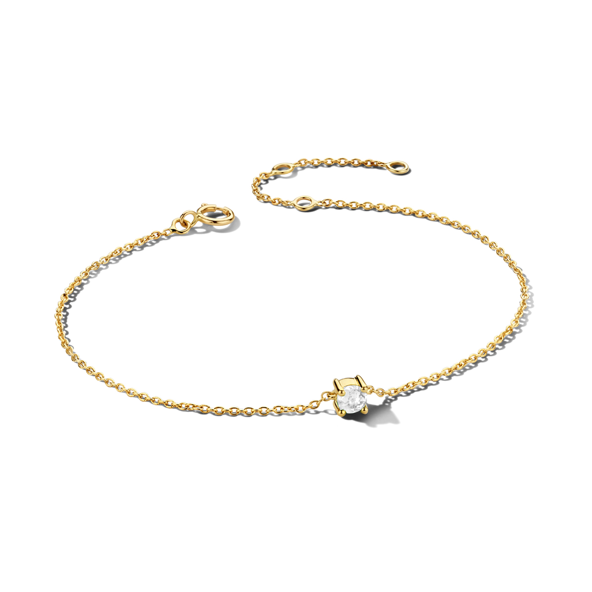 14k Geelgouden armband met een zirkonia geboortesteen. De armband heeft draaglengtes van 15.5, 17 en 18.5cm. De schakelbreedte is 1.0mm.