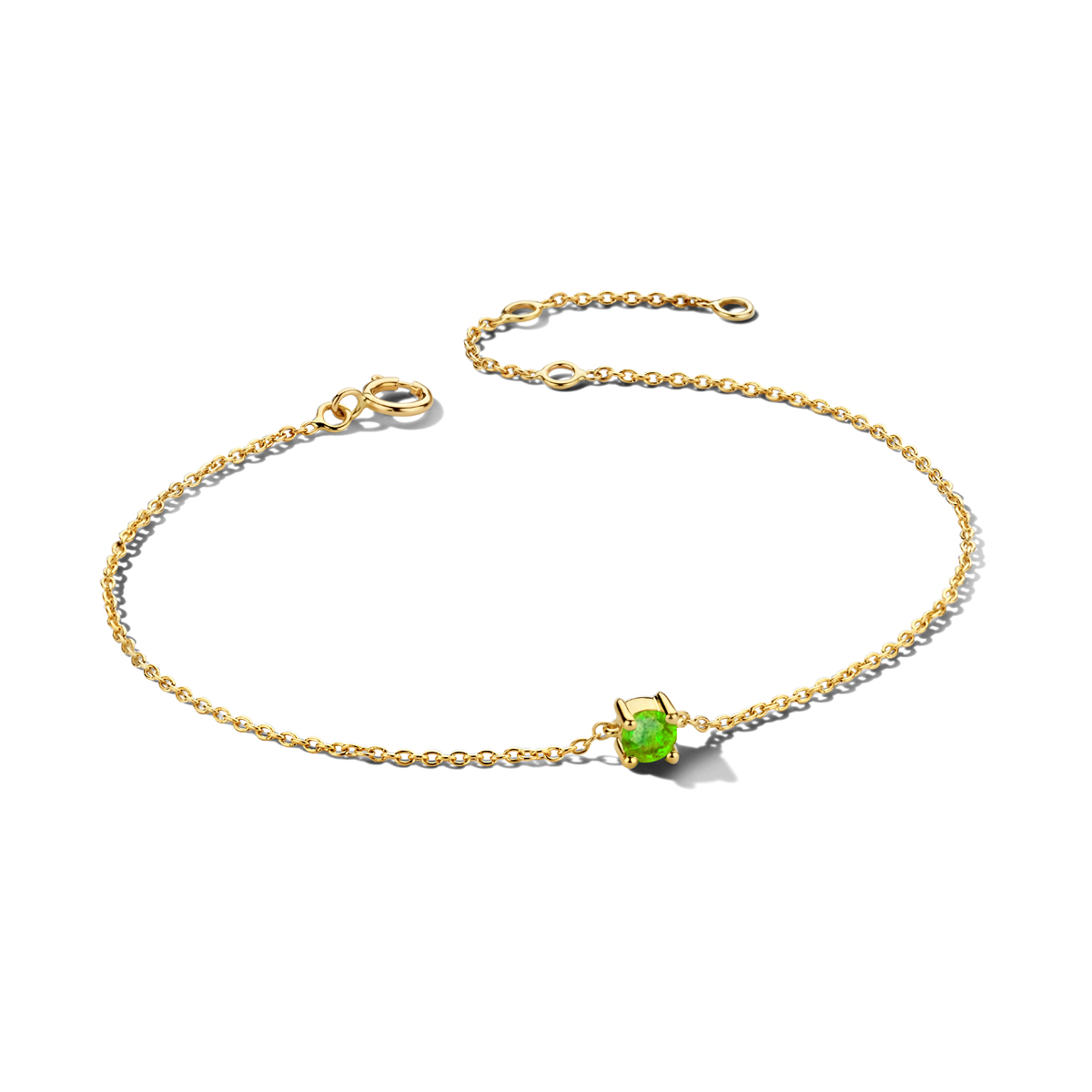 14k Geelgouden armband met een geboortesteen. De peridot heeft een steengewicht van 0.20ct. De armband heeft draaglengtes van 15.5, 17 en 18.5cm. De schakelbreedte is 1.0mm.