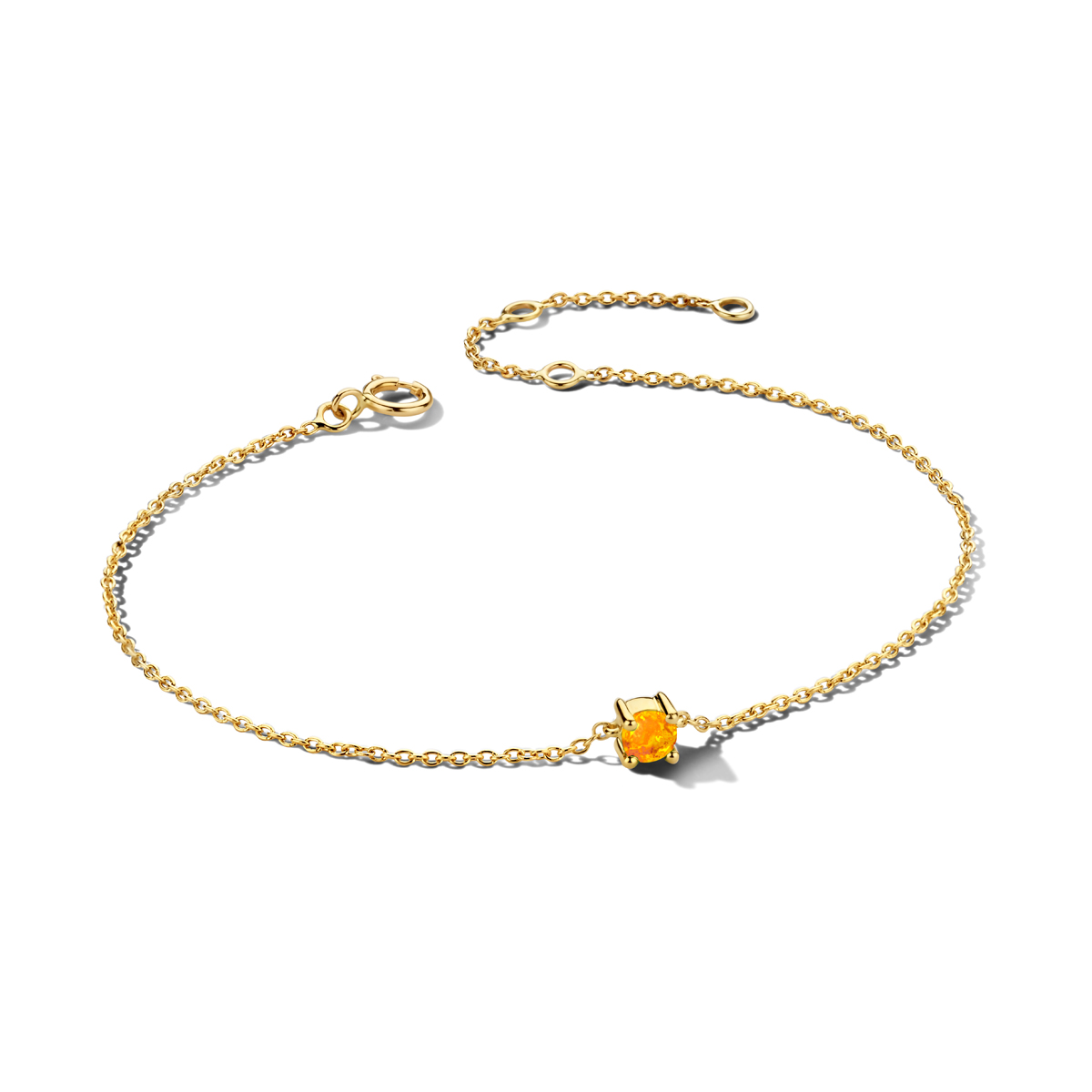 14k Geelgouden armband met een citrien geboortesteen. De citrien heeft een steengewicht van 0.15ct. De armband heeft draaglengtes van 15.5, 17 en 18.5cm. De schakelbreedte is 1.0mm.