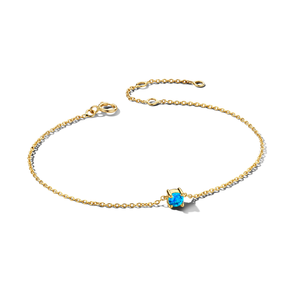 14k Geelgouden armband met een blauw topaas geboortesteen. De blauw topaas heeft een steengewicht van 0.22ct. De armband heeft draaglengtes van 15.5, 17 en 18.5cm. De schakelbreedte is 1.0mm.