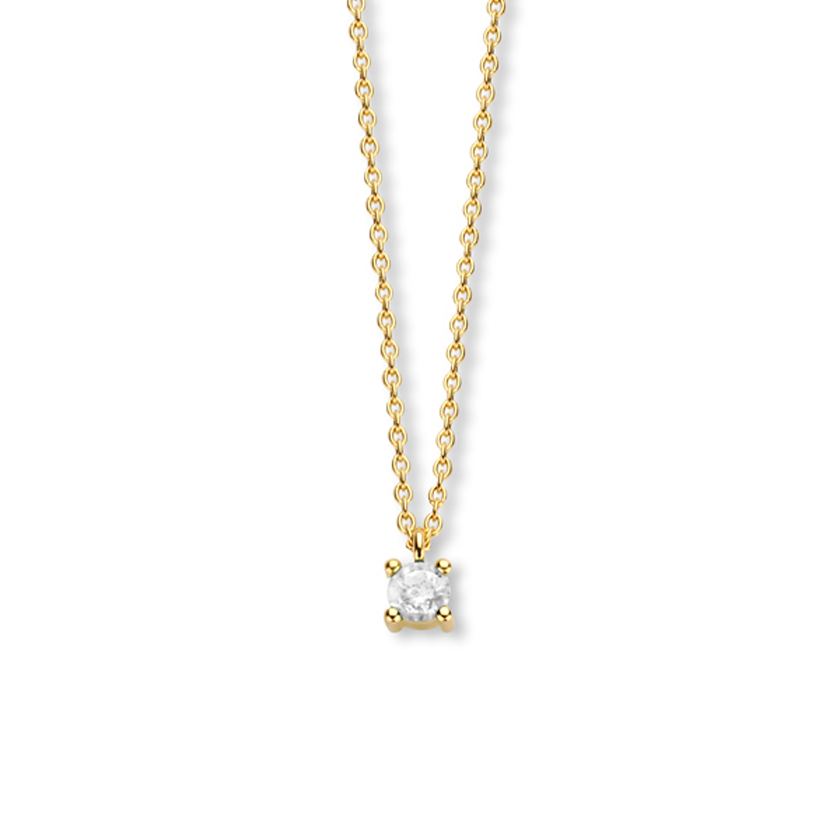 14k Geelgouden collier met een zirkonia geboortesteen. Het collier heeft draaglengtes van 40, 42 en 44cm. De schakelbreedte is 1.0mm.