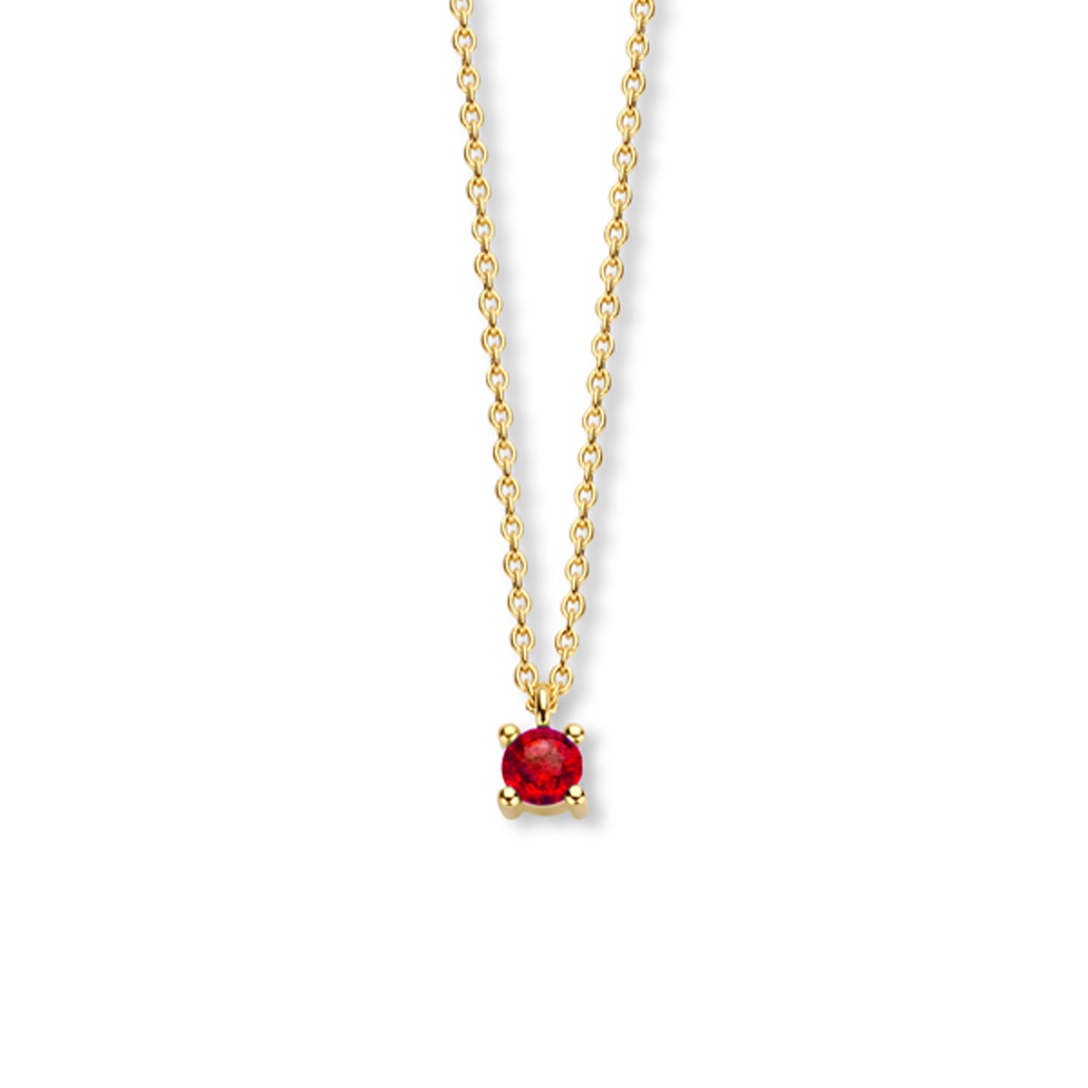 14k Geelgouden collier met een robijn geboortesteen. De robijn heeft een steengewicht van 0.25ct. Het collier heeft draaglengtes van 40, 42 en 44cm. De schakelbreedte is 1.0mm.
