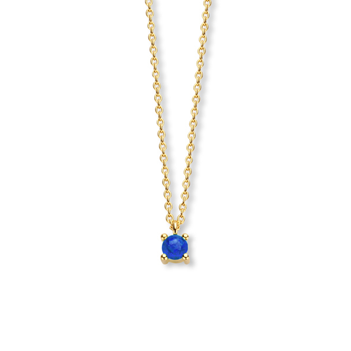 14k Geelgouden collier met een saffier geboortesteen. De saffier heeft een steengewicht van 0.25ct. Het collier heeft draaglengtes van 40, 42 en 44cm. De schakelbreedte is 1.0mm.