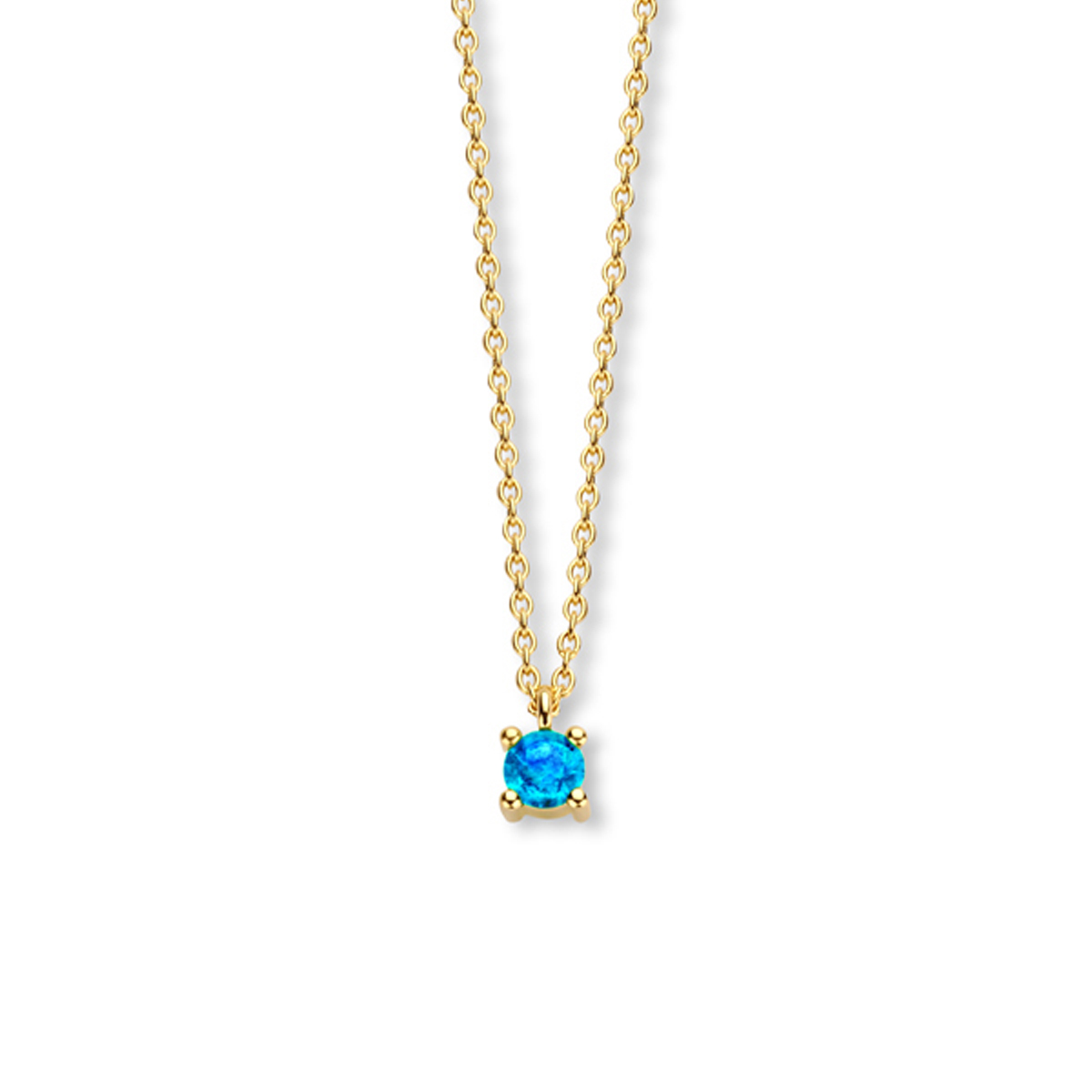 14k Geelgouden collier met een swiss blue topaas geboortesteen. De swiss blue topaas heeft een steengewicht van 0.22ct. Het collier heeft draaglengtes van 40, 42 en 44cm. De schakelbreedte is 1.0mm.