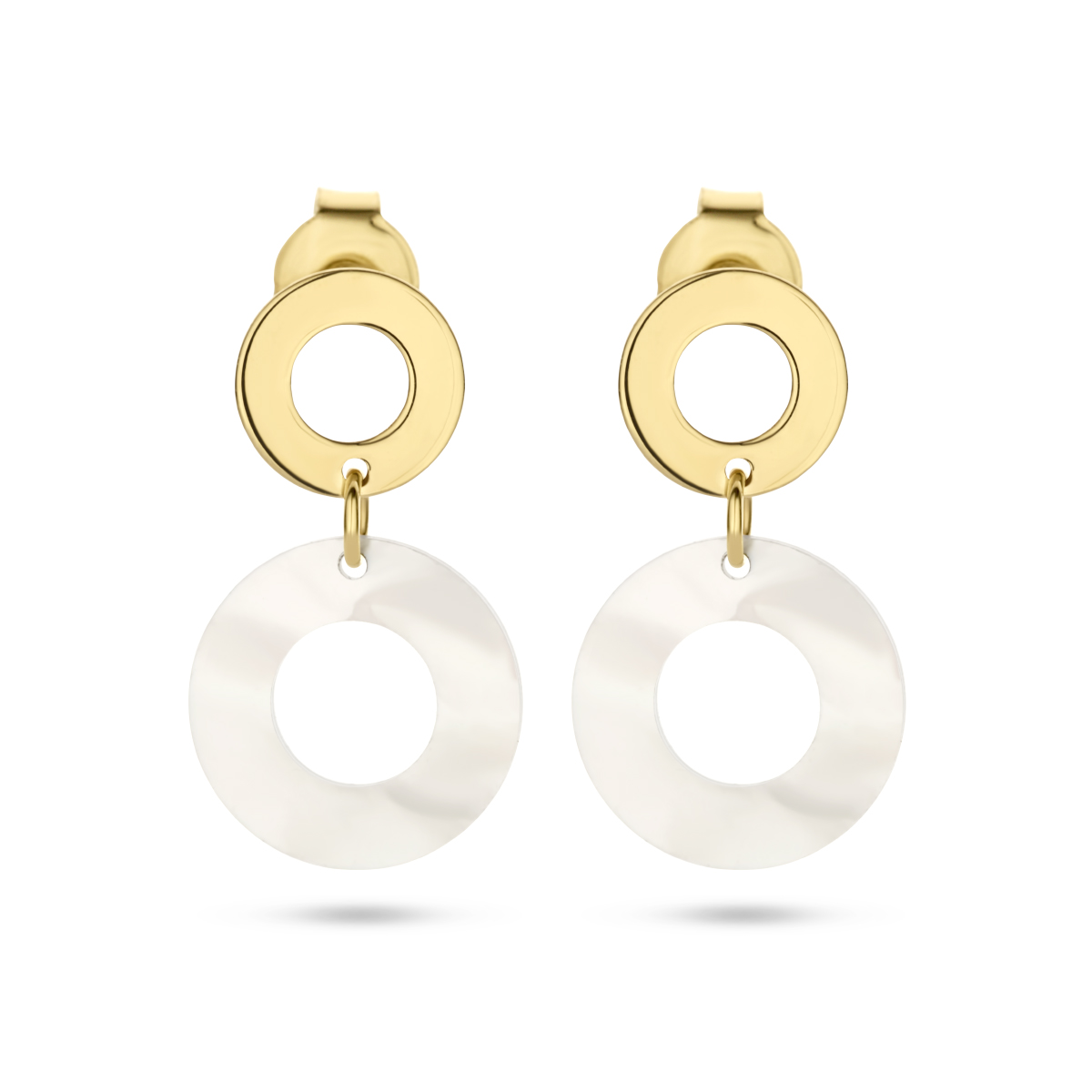 14k Geelgouden oorhangers met rondjes en parelmoer. De oorhangers hebben een totale hoogte van 1.8cm.