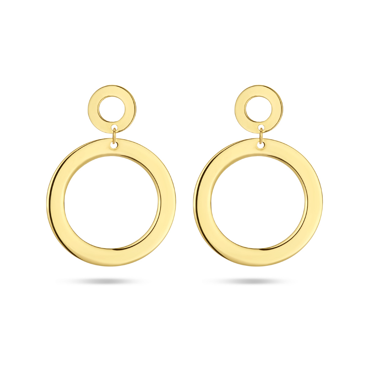 14k Geelgouden rondjes oorhangers met een totale hoogte van 2.1cm.
