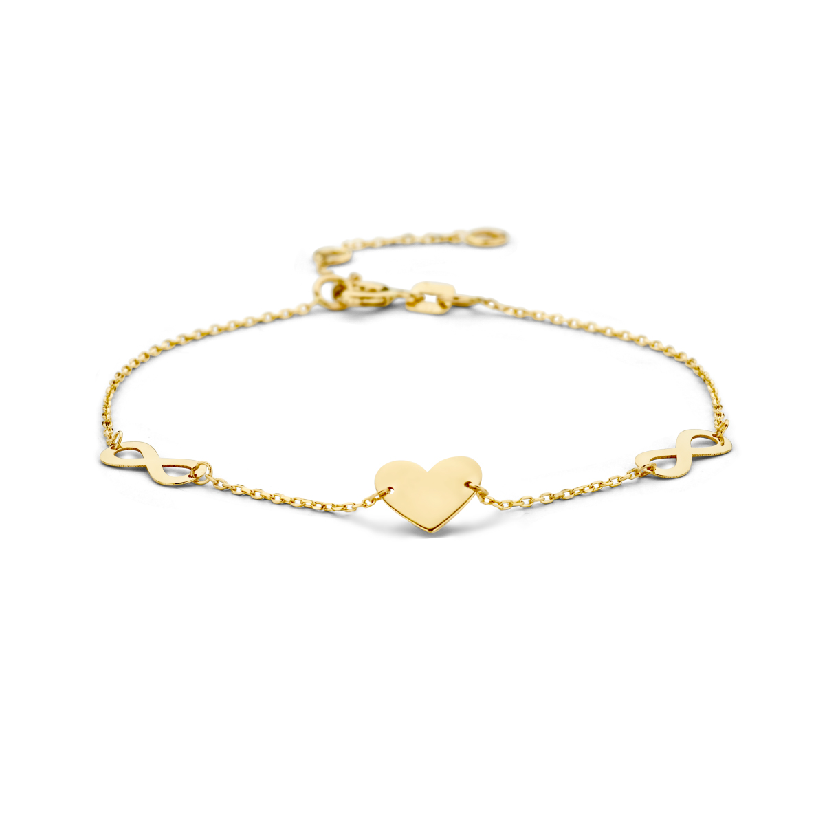 14k Geelgouden armband uitgevoerd met een hartje van 7x8mm en infinity hangers van 4x10mm. De armband heeft draaglengtes van 15.5, 17 en 18.5cm. De schakelbreedte is 0.8mm.