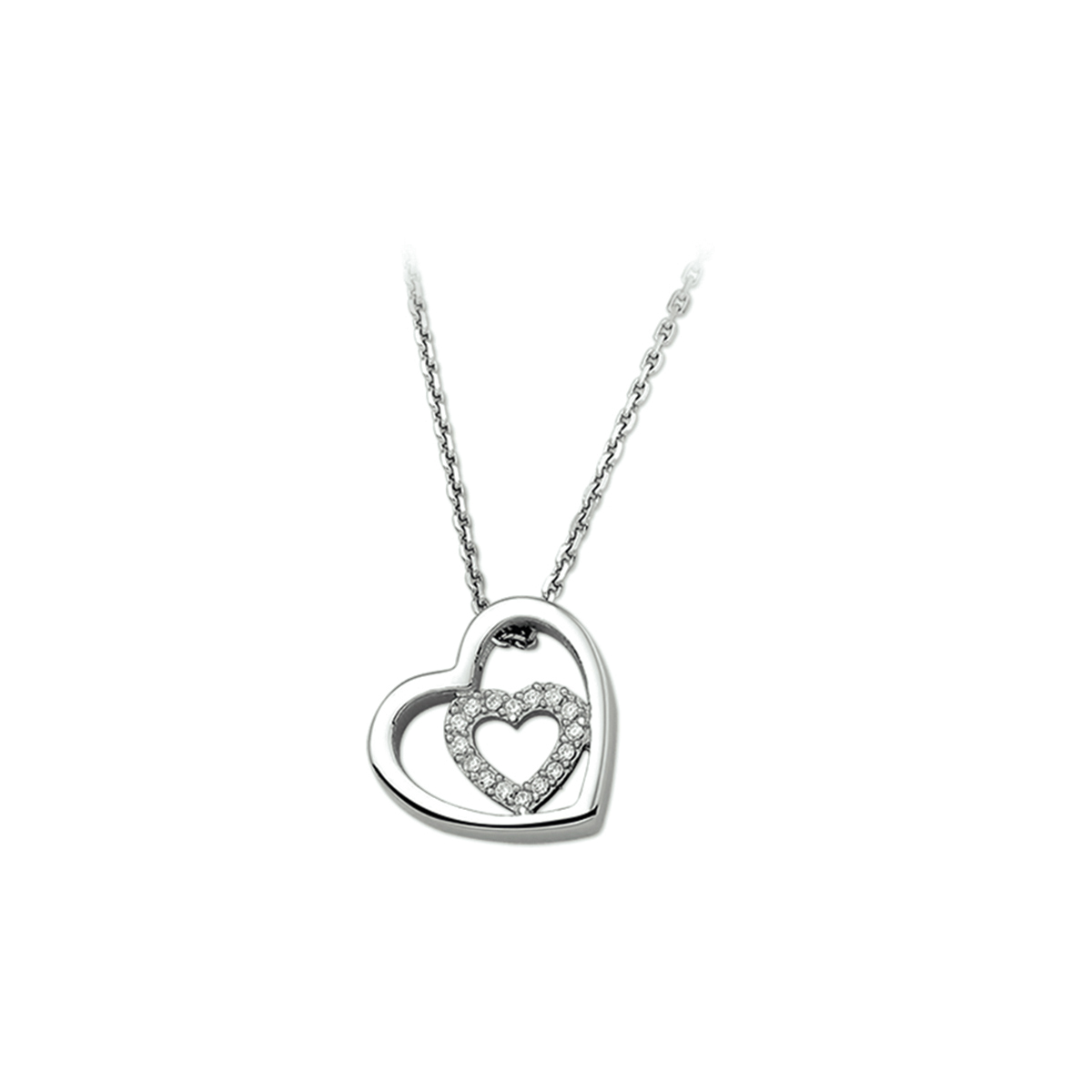 Beschrijving: Een hart is natuurlijk het eeuwenoude symbool voor liefde. Dit fijne collier is daarom het ultieme item voor een romantische look. Details: Gerhodineerd zilveren collier met harten en zirkonia. De lengte van het collier bedraagt 41cm met 4cm extensie. De schakelbreedte bedraagt 1.3mm. 
Verpakt per: 1
Doelgroep: dames
Breedte: 13 mm
Kortste lengte: 41 mm
Langste lengte: 45 mm
Hoogte: 13 mm
