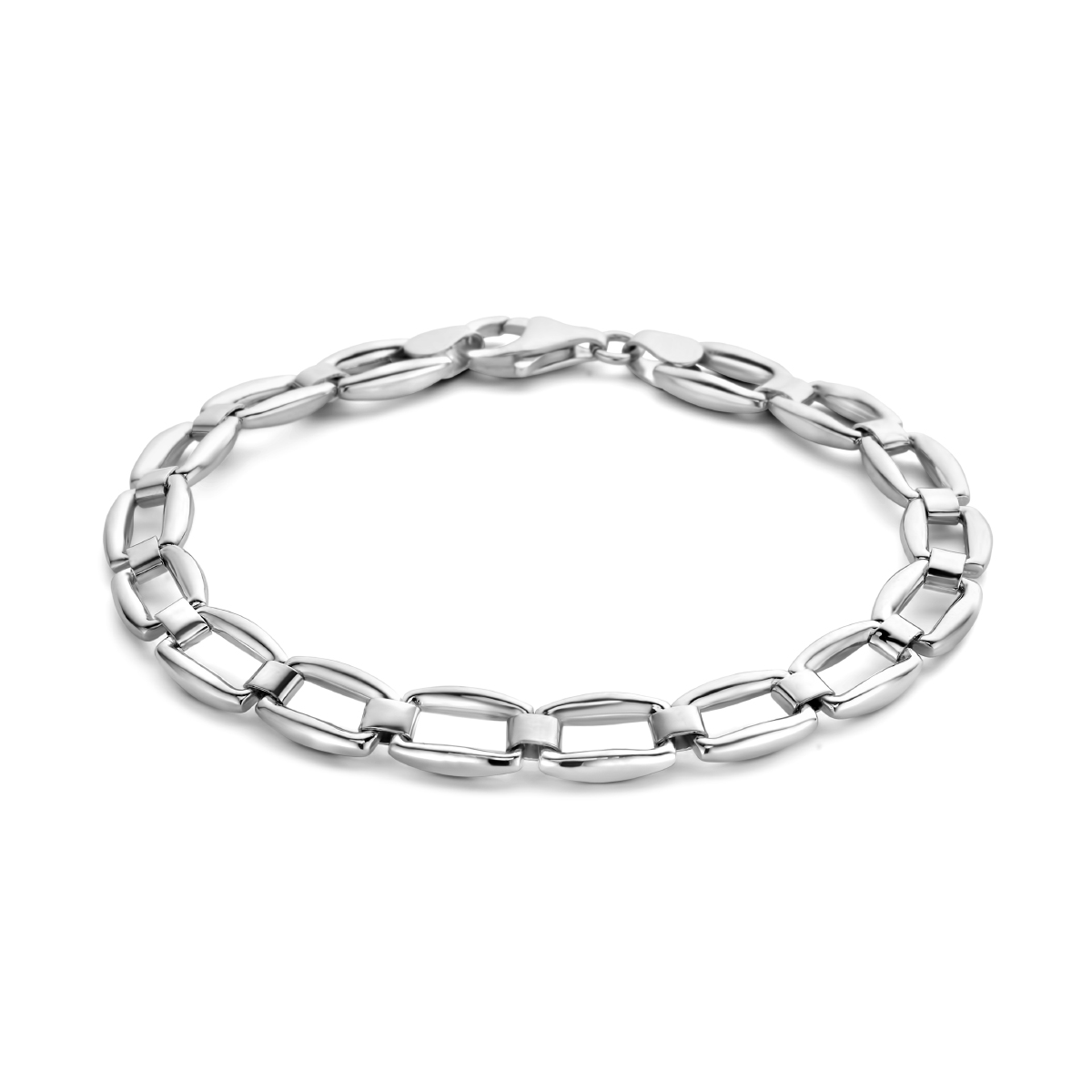 Gerhodineerd 925 zilveren armband met een schakelbreedte van 7mm. De armband heeft een draaglengte van 19cm. Uitgevoerd met een karabijn sluiting.