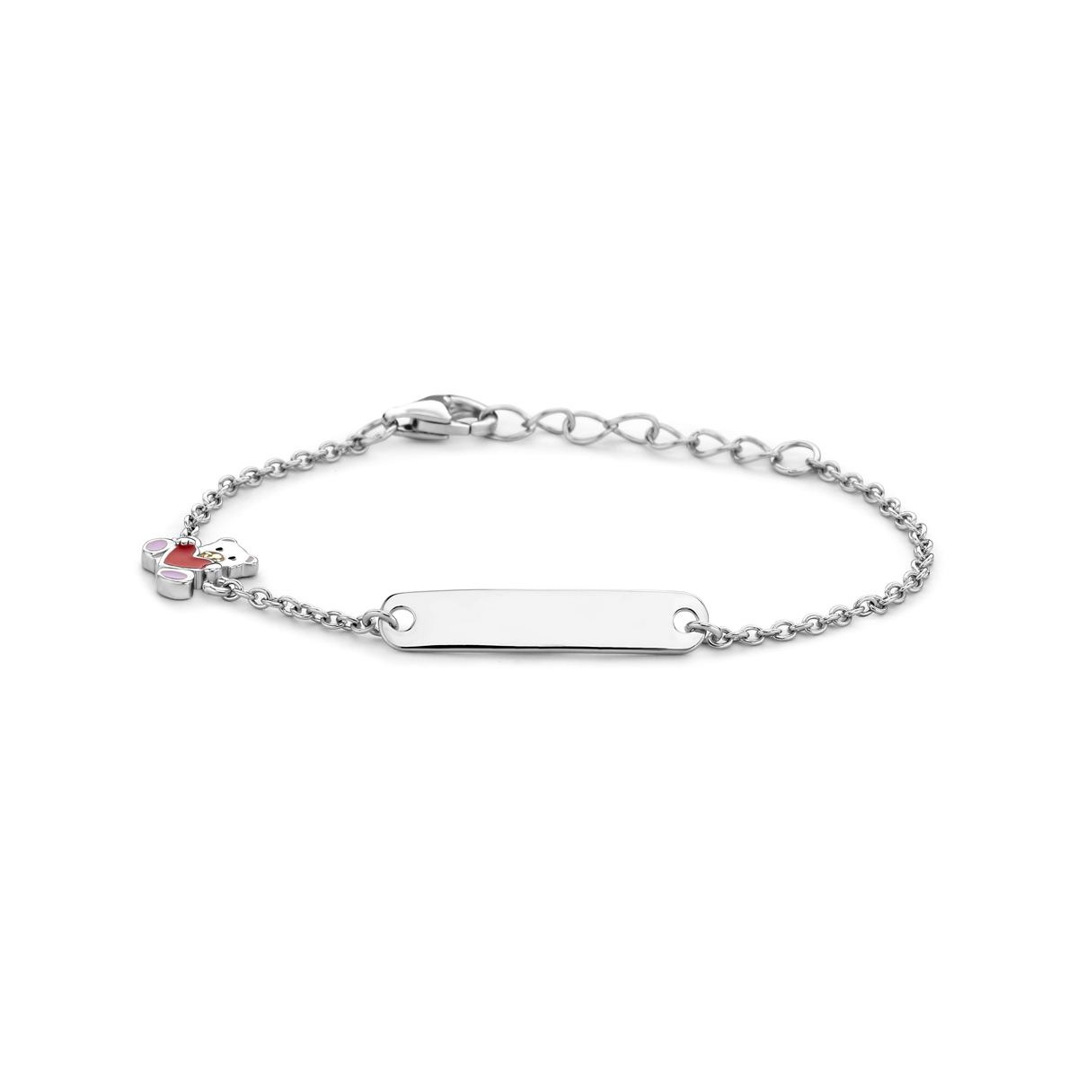 Gerhodineerd 925 zilveren graveerarmband uitgevoerd met een beer en hartje. De armband heeft een schakelbreedte van 1.5mm en een draaglengte van 11cm met 2cm extensie. De graveerplaat heeft een afmeting van 4.5x21mm en een dikte van 0.6mm.