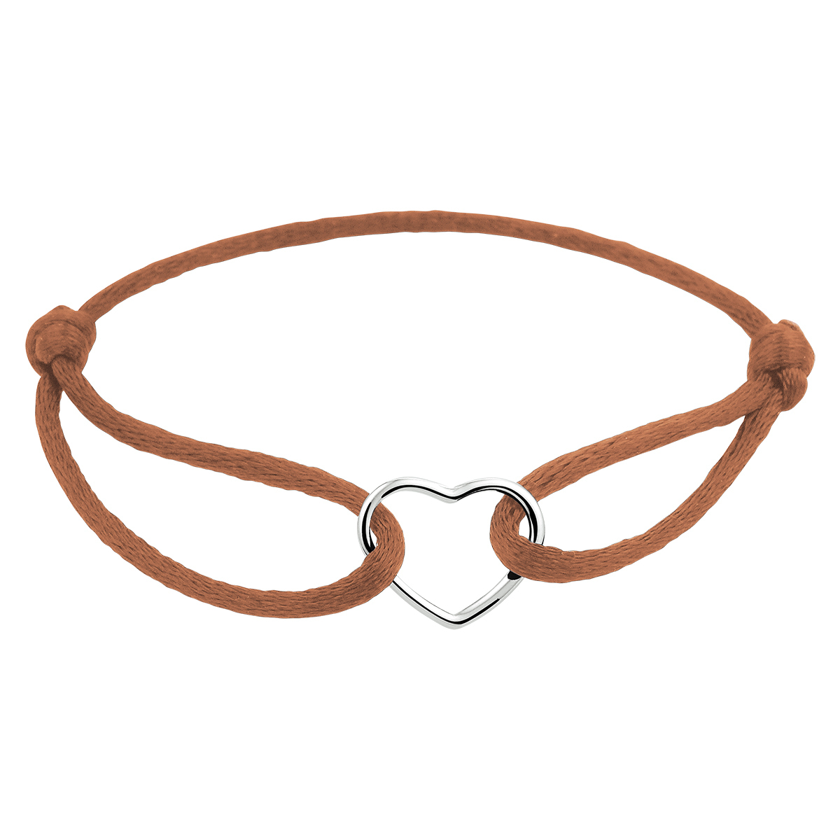 Roestbruin gevlochten armband uitgevoerd met een gerhodineerd 925 zilveren hartje. De armband heeft draaglengtes van 13 tot 26cm. Het hartje heeft een afmeting van 12.5x15.5mm.