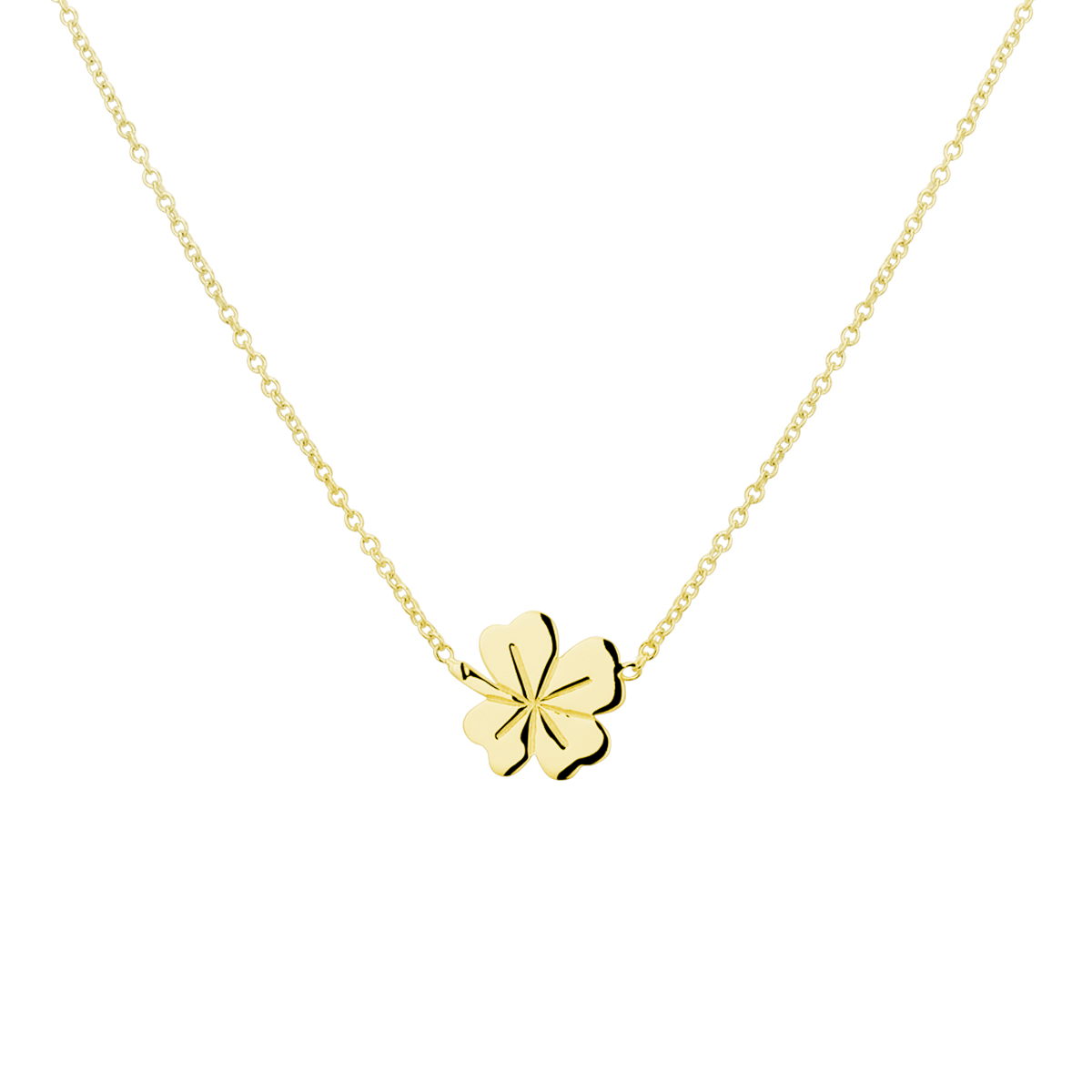 Geelgoud op 925 zilveren collier uitgevoerd met een klaver. Het collier heeft een draaglengte van 40cm en een extensie van 5cm. De schakelbreedte is 1.3mm. Geen garantie op plating.
