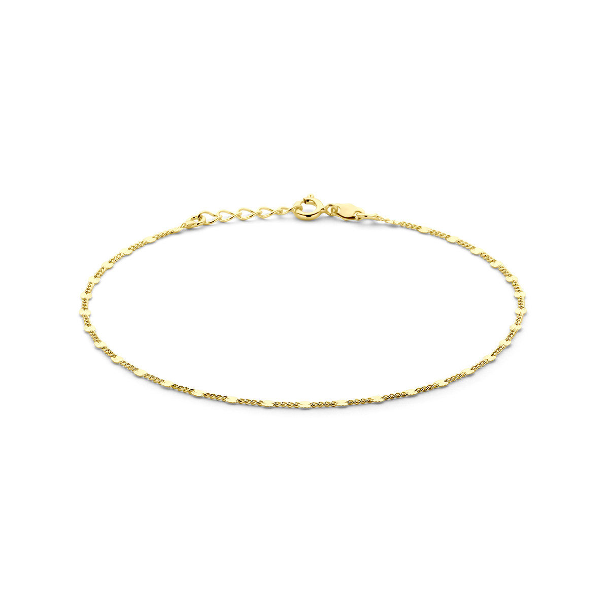 Verguld op 925 zilveren enkelbandje met een draaglengte van 24cm en een extensie van 2cm. De schakelbreedte is 2.3mm. Geen garantie op de plating.