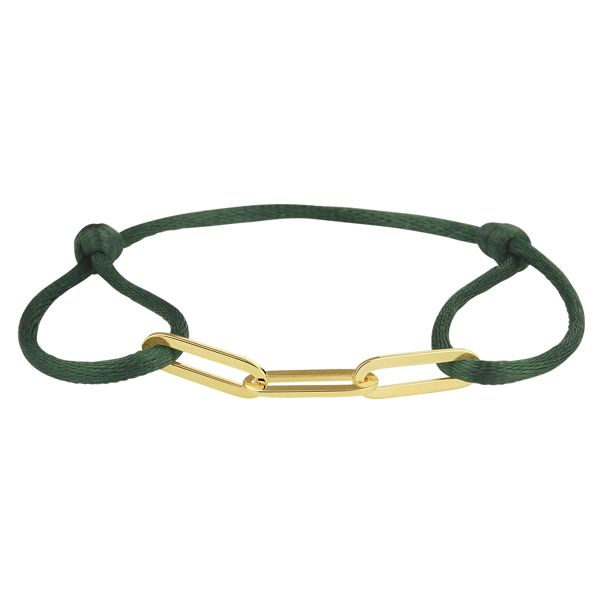 Groen gevlochten armband uitgevoerd met een geelgoud op 925 zilveren element. De armband heeft draaglengtes van 13 tot 26cm. Het element heeft een afmeting van 40x5mm.