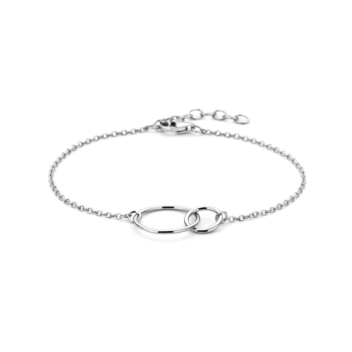 Gerhodineerd zilveren armband met open cirkels. De lengte bedraagt 16cm met 2.5cm extensie en de schakelbreedte is 1.3mm. 
Doelgroep: dames
Breedte: 1.3 mm
Kortste lengte: 16 cm
Langste lengte: 18.5 cm