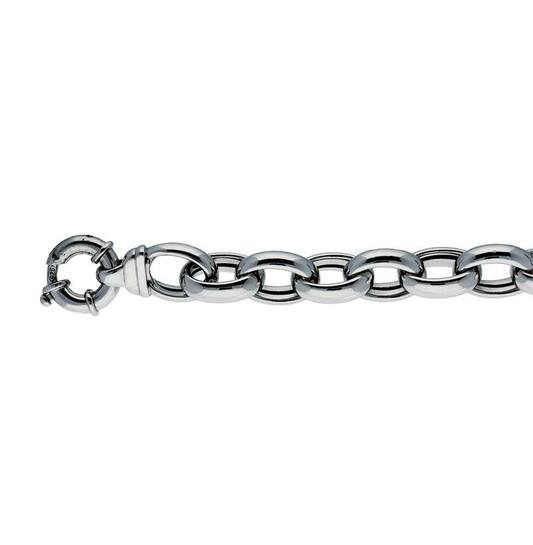 Zilveren jasseron armband met ovalen schakels van 15mm. breed met sierslot, 21cm.