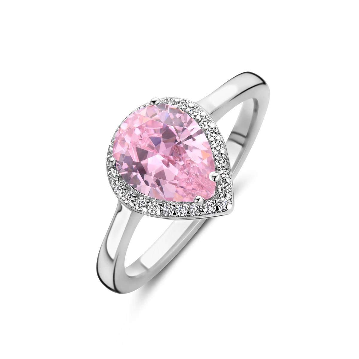zilveren ring uitgevoerd met wit en roze zirconia