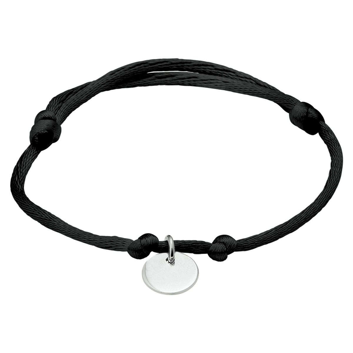 Zwart gevlochten armband uitgevoerd met een gerhodineerd 925 zilveren rondje. De armband heeft draaglengtes van 13 tot 26cm. Het rondje heeft een diameter van 10mm.