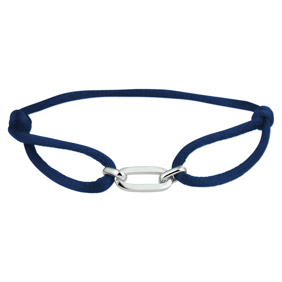 Donkerblauw gevlochten armband uitgevoerd met een gerhodineerd 925 zilveren element. De armband heeft draaglengtes van 13 tot 26cm. Het element heeft een afmeting van 20x6mm.