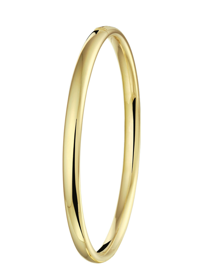 Silgold Bangle. Silgold sieraden van 14 karaat goud met daarin een kern van 925 zilver. Geelgouden bangle ovale buis met scharnier-sluiting. 5 x 61 mm.