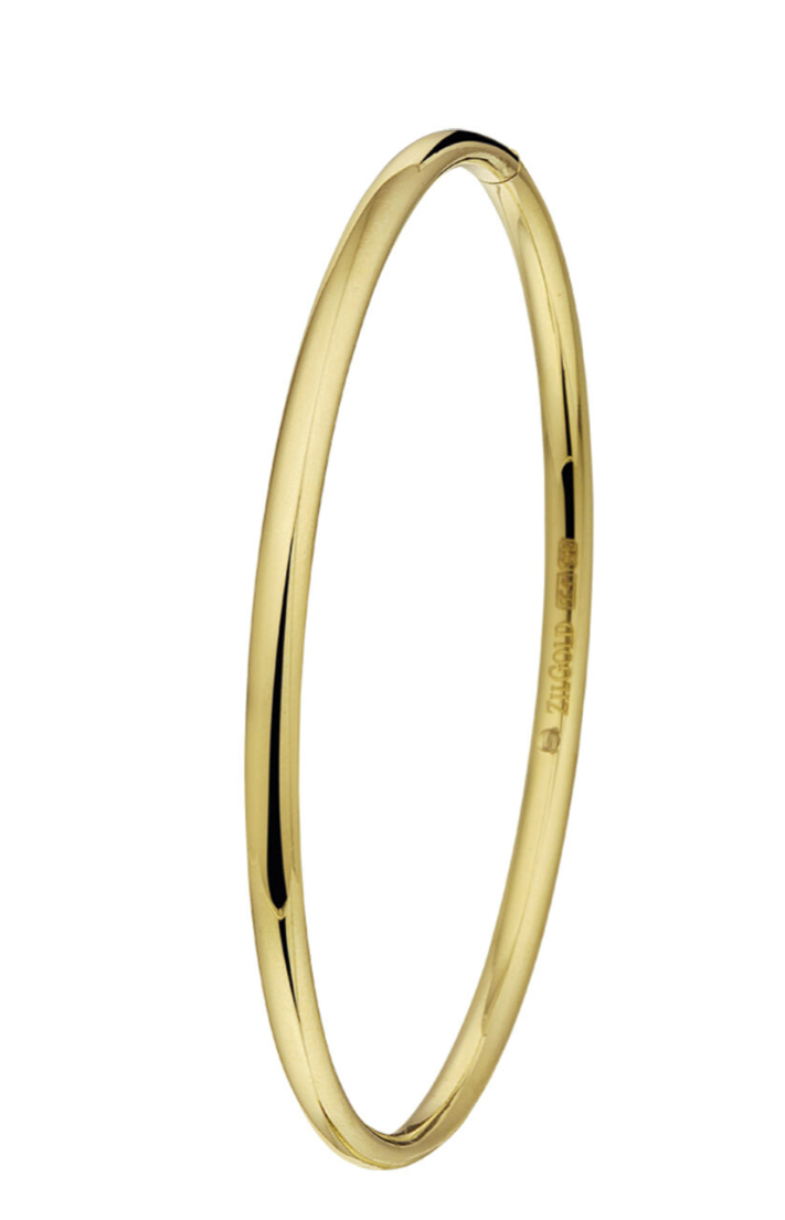 Silgold Bangle. Silgold sieraden van 14 karaat goud met daarin een kern van 925 zilver. Geelgouden bangle ovale buis met scharnier-sluiting. 3x 61 mm.