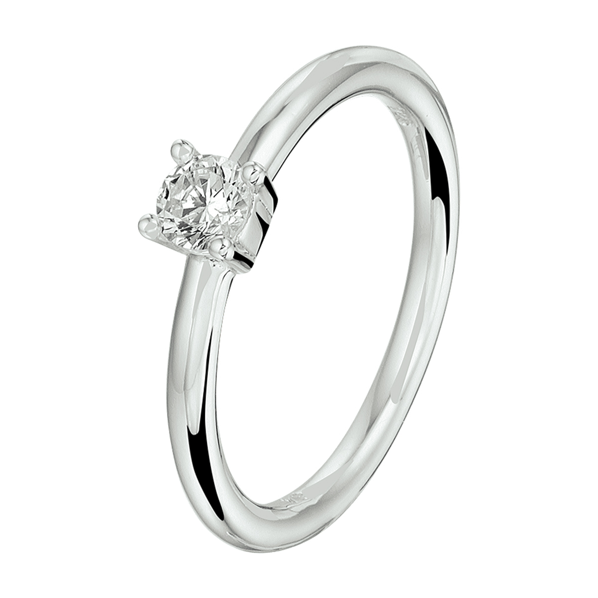Gerhodineerd 925 zilveren ring uitgevoerd met een schitterende zirkonia. De ring heeft een breedte van 4mm.