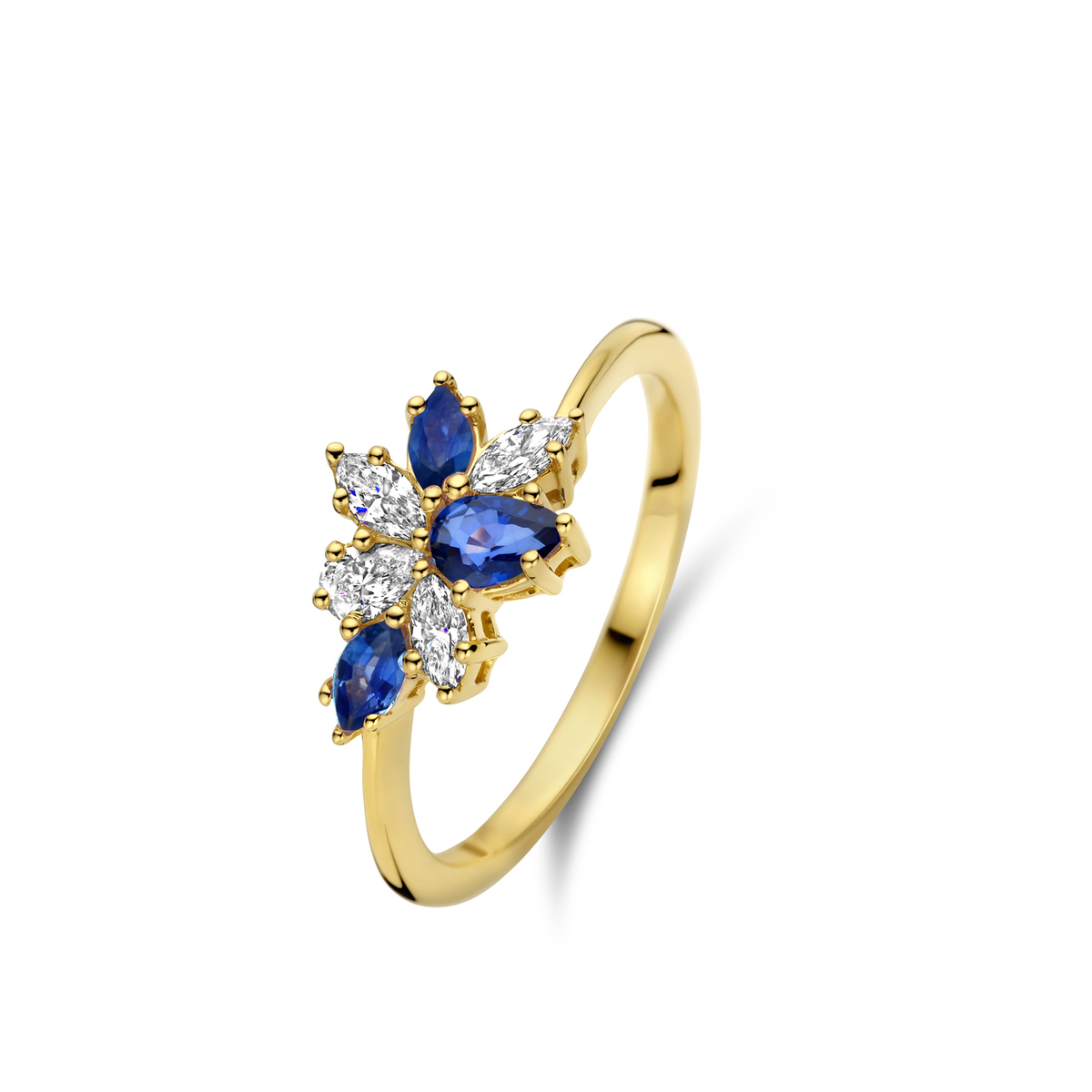 Ring in goud 18 kt met 1 Diamant peervorm 0.1 ct
3 Diamant 0.21 ct
1 Blauwe Saffier 0.27 ct 
2 Blauwe Saffier 0.19 ct