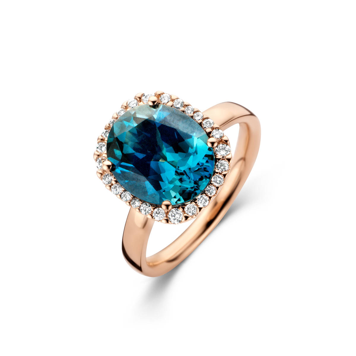Ring in Roze goud 18 kt 
26 Diamant(en) briljant slijpsel 0.25 ct
1 Blauw Topaas 5 ct