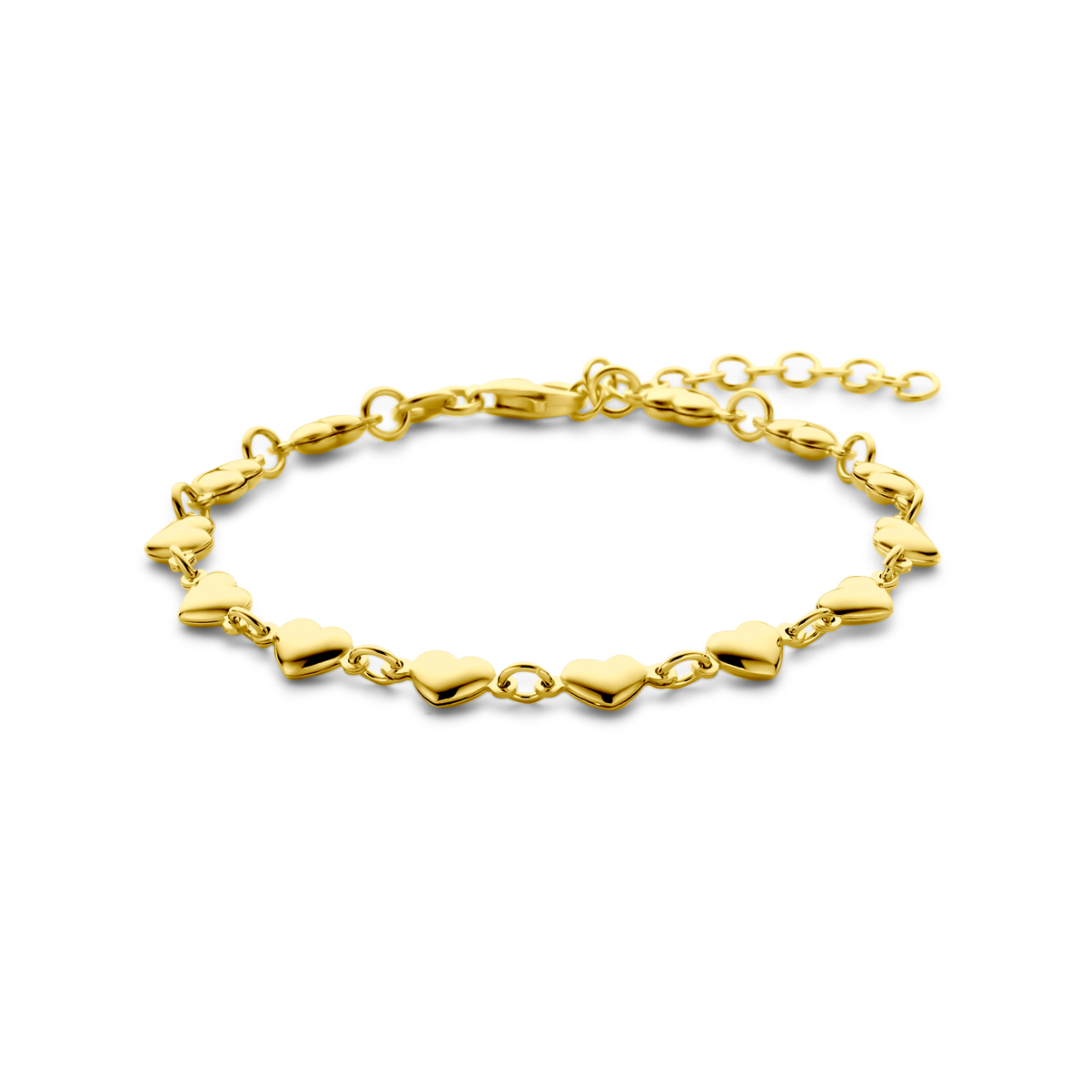 Geelgoud op 925 zilveren armband uitgevoerd met hartjes en een karabijn sluiting. De armband heeft een draaglengte van 16cm en een extensie van 3cm. Geen garantie op de plating.